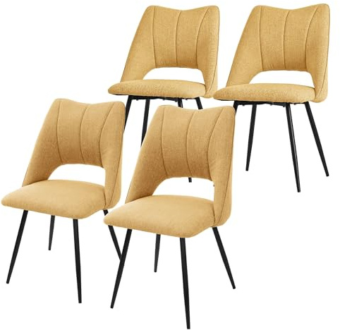 ML-Design matsalsstolar set om 4 senapsgula, sits i polyester, ben i svart metall, köksstolar med ryggstöd, vardagsrumsstolar, stoppade stolar för matsal kök kontor, stoppade fåtöljer