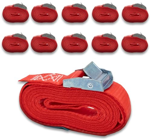 Uppsättning av 10 spännremmar med bälteklämma, ett stycke, DoZurr 250, kan belastas upp till 250 kg, 25 mm bred x 4 m lång, röd, för takräcke och remmar