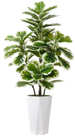 Artificial Fiddle Leaf Fig Plant Indoor 5FT Faux Rubber Tree with White Diamond Planter Tall Fake Floor Plant in Pot Artificial Trees for Home Office Living Room Decor Indoor