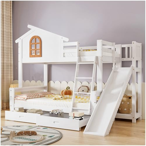 Lubvtti Litera Infantil con Ventanas y tobogán,Cama Infantil 90/120 x 200 cm con Dos cajones,Cama Doble,Estructura de Madera Maciza con somier de láminas,Blanco