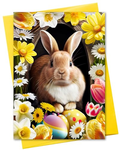 CATNEVERLAND Easter Bunny Greeting Card – 5x7” Card with Floral Eggs & Spring Flowers, Yellow Envelope, Blank Inside, Made in USA by Pet-Friendly Small Business