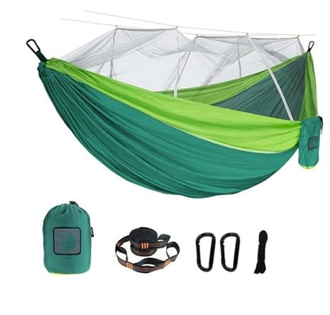 QIUYMGFG Hängematte Outdoor Camping Hängematten Tragbare Reise-Outdoor-Camping-Hängeschlaf-Einzel- und Doppel-Hängematte mit Moskitonetz(Single Green 2)