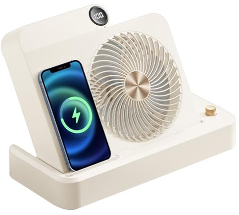 Ventilador de mesa pequeño, ventilador de escritorio pequeño - Ventilador de mesa con cargador inalámbrico,Ajuste de 100 velocidad, base en ángulo, pantalla digital, refrigerador para acampar para muj