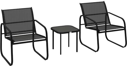 Outsunny Ensemble bistrot de Jardin 3 pièces, Salon de Jardin extérieur 2 Personnes avec 2 chaises en Maille et Table Basse en Verre trempé, pour terrasse, Balcon, véranda, Noir