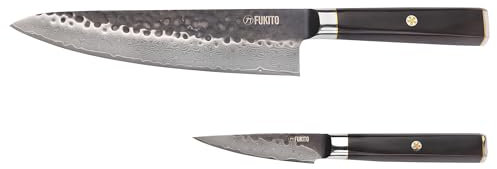 Fukito - Coffret 2 Couteaux de Cuisine Ébène Damas VG10 - Couteau Chef 20cm + Office 9cm - Lame 67 couches ultra tranchante - Manche ergonomique en bois d'ébène - Précision & Polyvalence