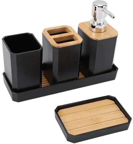 Badezimmer-Set 5-teilig Boho Bambus mit Tablett Seifenspender Halter | 5-teilig | Bambus & Polystyrol | 350ml Seifenspender | Boho-Design | inkl. Tablett | fertig kombiniert