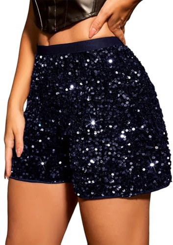 SHINROAD Einfarbige Damen-Shorts, hohe Taille, Polyester, Pailletten, schmale Passform, gerade, Mini, für Club, Party, Freizeit, Sommer