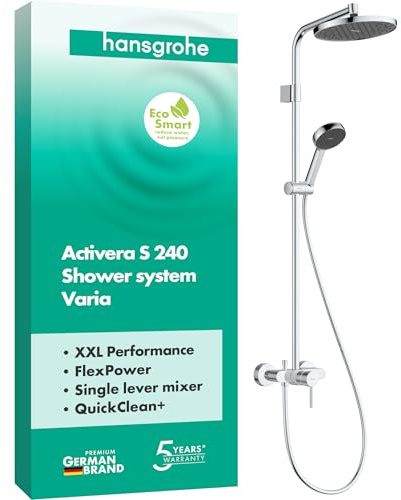 hansgrohe Activera S - Colonne de douche max. 8 l/min (EcoSmart) avec mitigeur mecanique, douche pluie, douchette (2 jets), support, tuyau, barre et douche de tête, Chromé, 28875000