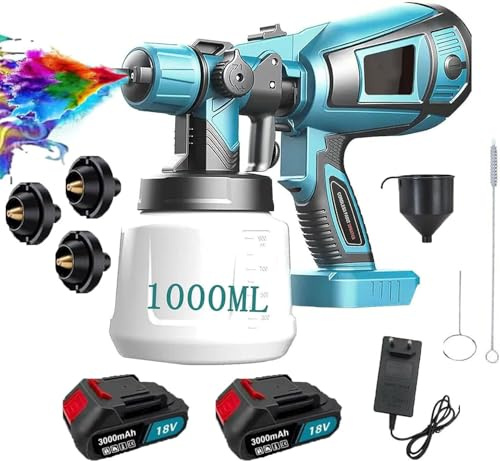 (2x3000mAh Akku) Akku Farbsprühsystem,kompatibel mit Makita 18V Akkus, Aktualisiert Sprühpistole Akku，mit 3 Düsen, 3 Spritzmuster,1000ml Farbsprühgerät,zum Streichen von Gartenzaun Sprühgerät