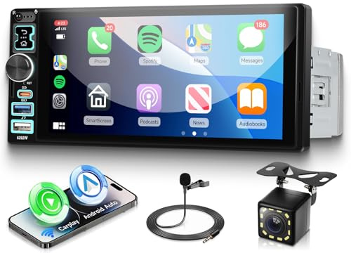 VECHTEL Radio Coche Bluetooth con Carplay Android Auto Inalámbrico, Autoradio 1 DIN con Pantalla Táctil IPS HD de 6,8 Pulgadas, Soporte Radio FM Mirror Link USB/Tipo C Controles en el Volante Cámara