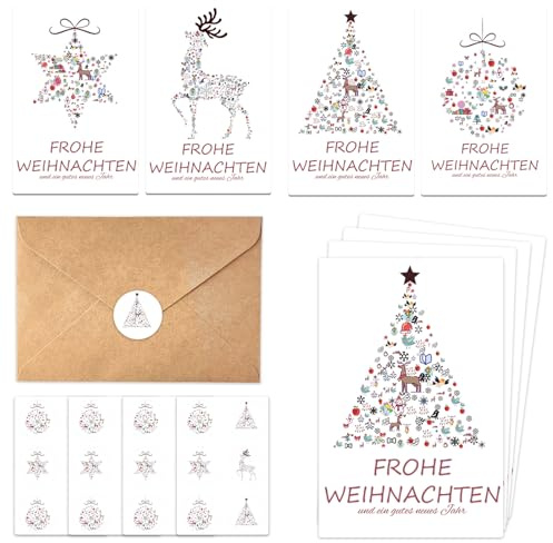 Sploziia 24 Stück Weihnachtskarten Mit Umschlag Set-Modern Weihnachtspostkarten, Inklusive Christmas Cards, Kraftpapier-Umschlag Und Aufkleber(weiß)