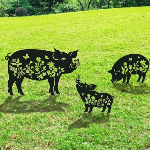 Rngmsi Pig Metal Garden Stakes Yard Decor, 3PCS Pig and Butterfly Silhouette Outdoor Garden Decor for Yard Art, Patio, Outside, Lawn Ornaments