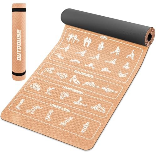 Tappetino Yoga Esercizi OUTDOUSE – 70 Posizioni Yoga Stampate, Materiale TPE Antiscivolo, per Ginnastica, Pilates, Casa e Viaggi, Tappetino Fitness per Uomo e Donna,183x61x 0,6 CM,Cachi e nero