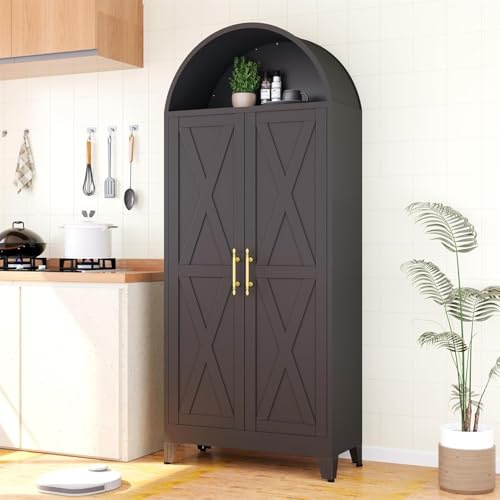185cm hoher metallener gewölbter Küchenvorratsschrank, moderner landhausstiliger Porzellanaufbewahrungs-Schrank mit 2 Türen und verstellbaren Regalen, vielseitiger Schrank für Küche, Esszimmer