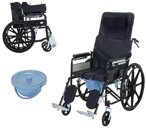 Foldable Lightweight Self-Propelling Wheelchair with Commode Function – Portable Transport Chair with Removable Bucket & Flip-up Armrests, Compact Design for Home & Travel