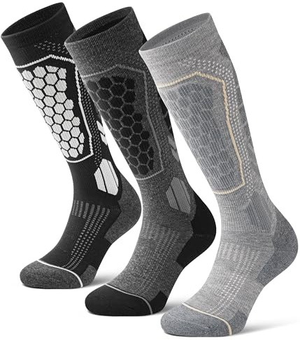 FORVEVO 3 Pairs Men's Merino Wool Ski Socks,Thermo Long Thick Ski Socks Cushioned Sole Breathable for Winter,Skiing,Snowboarding,Sports,Hiking,Outdoor(Multicolor02,L)