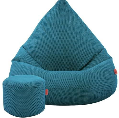 Slevobox Pouf Poire avec Repose-Pieds Turquoise 95x95x120cm - Pouf Geant XXL avec Remplissage - Velours Doux et Élégant - Bean Bag pour Chambre et Salon - Fauteuil Confortable pour Chambre Enfant