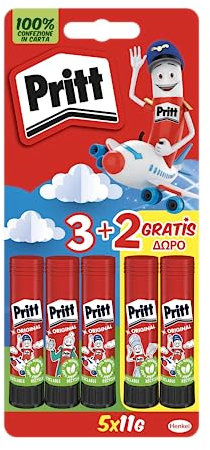 Pritt Colla Stick 5 x 11g, colla per bambini sicura e affidabile, colla Pritt per lavoretti e fai da te, con una tenuta forte per uso scuola e ufficio, 5 stick x 11g