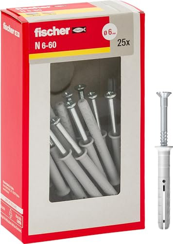 Fischer 508274 Tasselli prolungati N 6x60 Y, Fissaggio a percussione con chiodo premontato per Pieno, semipieno e calcestruzzo, 25 Pezzi per Confezione, Grigio, 6X60 MM