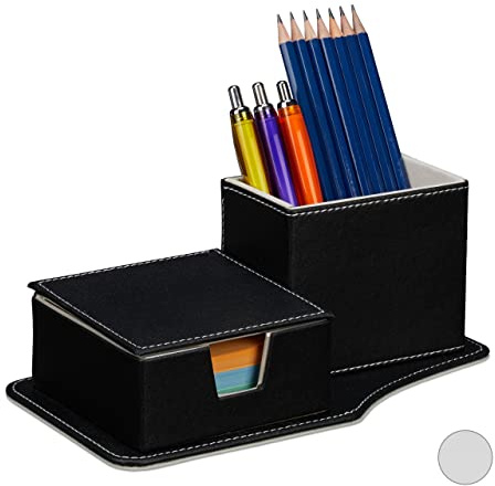 Relaxdays Schreibtisch Organizer Kunstleder, schwarz | Tisch Butler, für Zettel & Stifte, HBT 9 x 23,5 x 12 cm, Ordnung