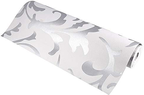 5㎡ Baroque Silver Wallpaper, Removable Embossed Molding Wallpaper Home Ceiling Backsplash Tiles Decorative Border DIY Refurbished Furniture Stickers, for Living Room Office Coffee Shop Restaurant