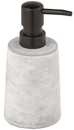 WENKO Seifenspender Villena, nachfüllbarer Spender für Handseife aus stabilem Beton, Spülmittelspender in rustikaler Natursteinoptik, Maße: 8,2 x 15,9 x 7,2 cm, Füllmenge: 150 ml, Grau/Schwarz