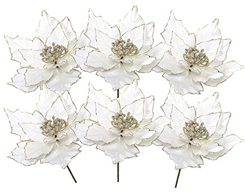 ZWMBYN Weiße Weihnachtssterne mit Glitzer, Weihnachtsstern, Weihnachtsstern, Sträucher für Weihnachtsbaumdekoration, künstliche Blumen, Simulation für Party, Neujahr, Hochzeit, 6 Stück