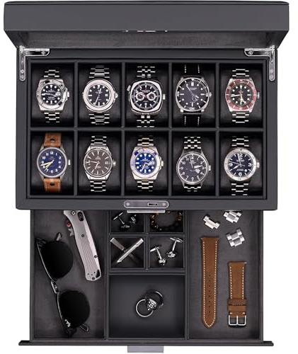 ROTHWELL Caja de reloj de cuero con 10 ranuras con cajón de valet, organizador de exhibición de caja de reloj de lujo, forro de microgamuza ultra suave, tapa de vidrio grande (negro/negro)