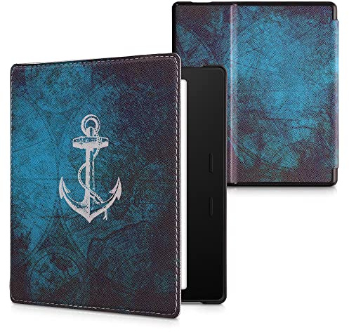 kwmobile Klapphülle kompatibel mit Amazon Kindle Oasis 10. Generation Hülle - eReader Case - Anker Landkarte Weiß Blau