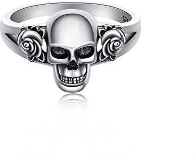 CUPENDA Skull Rings 925 Sterling Silver Gothic Skull Head with Rose Flower Statement Ring Vintage Skeleton Gift for Women-55
