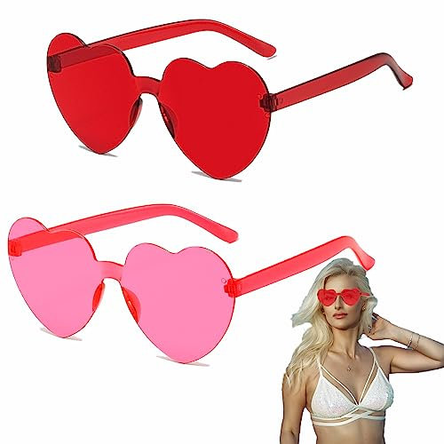KWHSUN 2 Paare Herz Brille,Hippie Gläser,Randlos Candy Transparent Sonnenbrille,Retro Party Brillen,Bunte Brille,für Kostüm Zubehör und Party Kostümzubehör