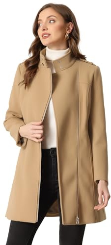 Allegra K Women Winter High Neck Belted Zip Up Mid-Long Overcoat | Casual outerwear with slant pockets. Comfortable for cooler season. Office, Travel, Weekend. High neck design