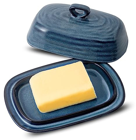 Tikooere Butterdose mit Deckel, Keramik-Butterhalter mit Deckel und Griff für Arbeitsplatte, Porzellan-Butterbehälter für Ost-Westküsten-Butter, Buttertablett für Küchengeschenk, Blau