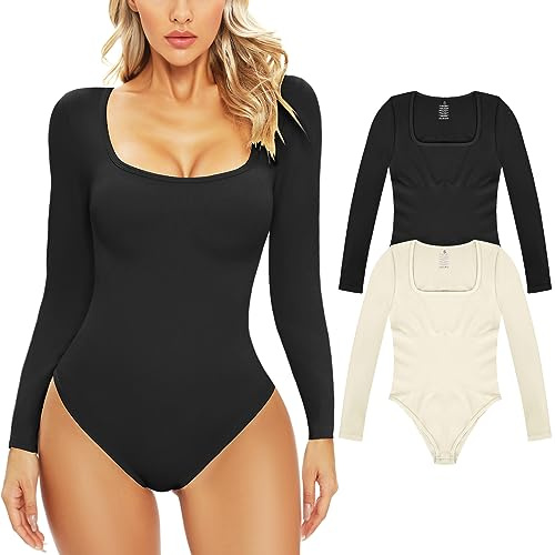 Svanco Shapewear Damen Langarm Body Shaper Bodysuit | Figurglättender Body mit U-Ausschnitt, Druckknöpfe am Schritt, Nahtlos & hochelastisch