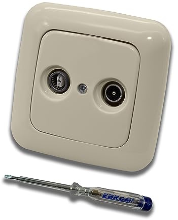 Busch Jäger SET: Universal 2-Loch Durchgangsdose, Frequenzbereich 5-2400 MHz, Radio/TV/SAT-Kompatibilität. Inkl. DURO2000 cremeweiß 1fach Rahmen + Abdeckung + EBROM Phasenprüfer zur Montage d. Geräts