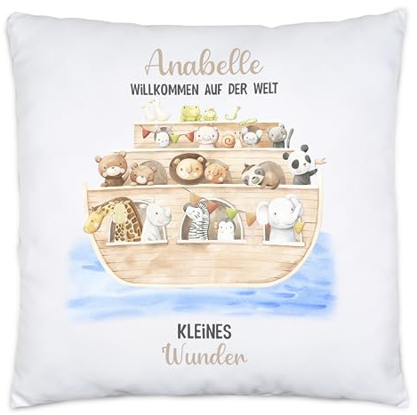 Kiddle-Design Kissen zur Geburt Arche Noah Geschenk zur Geburt Junge Mädchen Babykissen Baby Personalisiert mit Name Sprüche
