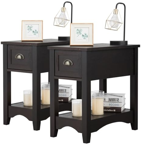LIFEZEAL Nachttisch 2er Set, Wohnzimmertisch Holz mit Schublade, Nachtkommode aus Gummibaumholz, Beistelltisch schmal für Wohnzimmer, Schlafzimmer, Vintage-Design, 33 x 56 x 58,5 cm (2, Walnussbaum)