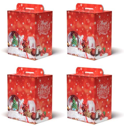 ACAN Tradineur - Pack de 4 cajas de cartón para Lote de Navidad, Caja Plegable con asa, Guardar Regalos, Botellas Vino, Resistente (Rojo - 28 x 20,5 x 34 cm)