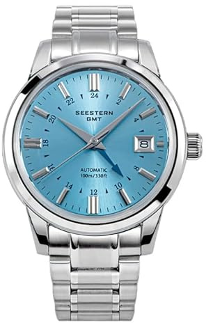 Seestern S446 GMT Automatik Stahl Blau Datum Saphir Herrenuhr, Armband