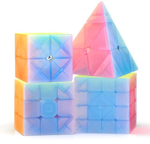 ROXENDA Zauberwürfel Set - 2X2 3X3 4X4 Pyramide Speed Würfel Set mit Würfel Tutorial für Kinder und Erwachsene, [4er Pack](Gelee)