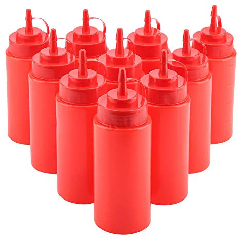 OPPWONG Gewürz-Quetschflaschen, 460 Ml, 10 Stück PE-Gewürz-Quetschflaschen für Saucen, Ketchup und Senfflaschen mit Abnehmbarem Deckel für Sauce, Öl, Sahne, Essig (Rot)