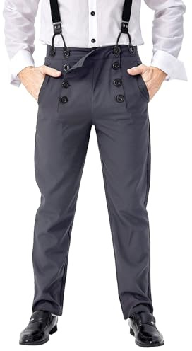 NoryNick Män medeltida steampunk byxor klassiska viktorianska byxor med hög midja retro overaller halloween karneval kostymer, Grått, XXL