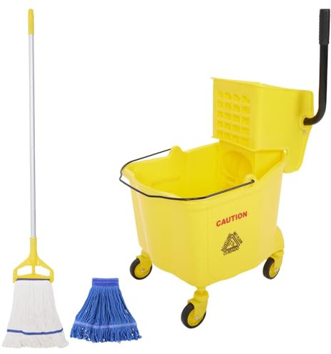 YUJOIBAN Mop and Bucket with Wringer Set - 35QT Commercial Mop Bucket with Side Press Wringer on Wheels and Industrial Mop, Heavy Duty Floor Cleaning Mop Bucket Set for Home, Shop, Restaurant, Mall