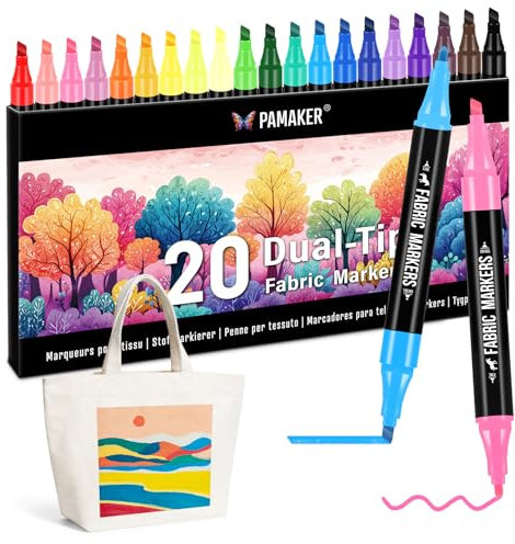 20 Textilstifte Dual Tip – Waschmaschinenfest und Permanent für T-Shirts, Stofftaschen, Schuhe und mehr – Ungiftig, ideal für Kinder und Erwachsene