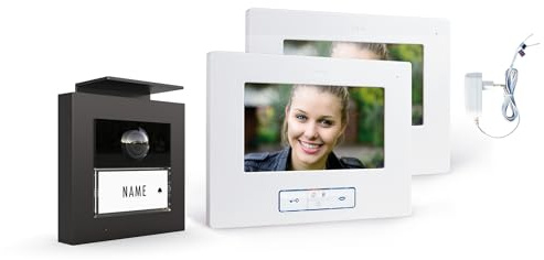 m-e Vistadoor Vistus Video-Türsprechanlage | Aluminium Außenstation für 1-Familienhaus | 2x Innenstation | Türklingel mit Kamera | 4-Draht Freisprechanlage Video Sprechanlage