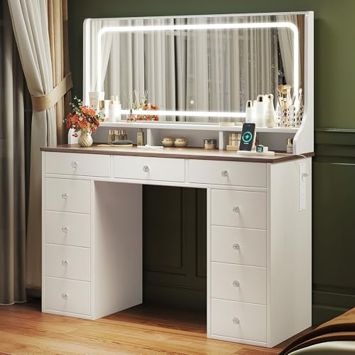 Dripex Dressing Table with Large Mirror, Vanity Desk with 11 Drawers, Beige