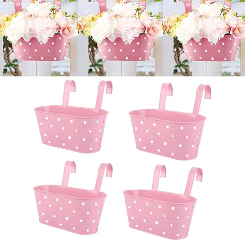 Zinaroty 4 Stück Metall Eisen Geländer hängende Pflanzer mit Drainageloch Pflanze hängenden Eimer mit abnehmbaren Doppelhaken Oval Pflanzer für Garten Balkon Dekoration. (Rosa)