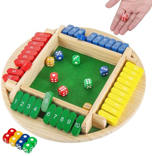 Fentar Hochwertig Würfelspiel Holz Spiele, Bildungs Shut the Box 4 Spieler | Bunt Tabletop Taktikspiel mit 8 Würfel, Würfelspiele für Erwachsene & Kind, Mathe Klappbrett Spiel für Familie