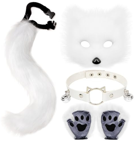 Pelzige Katzen Fuchs Maske, Wolf Fox Schwanz,Halskette und Handschuh,Pelzige Fuchs Maske,Katze Fuchs Cosplay,Halloween Party Cosplay Kostüm Accessoire (Weiß)