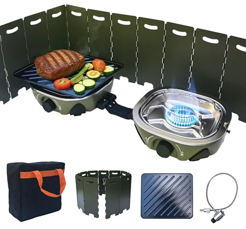LFISGNN Réchaud de camping portable à 2 brûleurs - 3000 W x 2/1,74 kg - Léger et pliable - 2 feux avec allumage piézo - Plaque de cuisson et tuyau de gaz - Pour barbecue extérieur, randonnée et